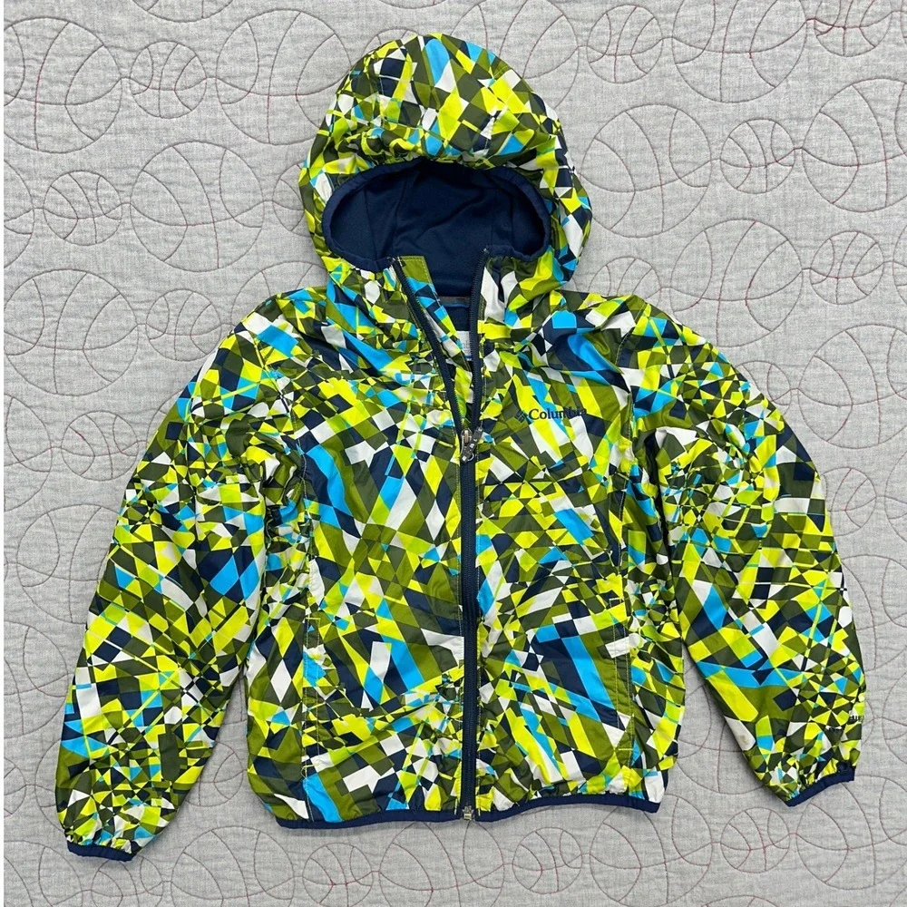 Columbia Windbreaker Jacket Hooded Full Zip Green Geometric / Boy's Small